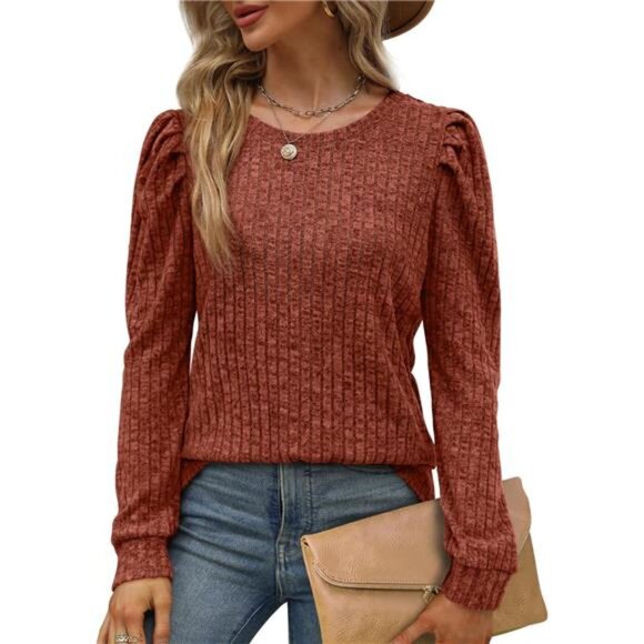 Women's Lightweight Crewneck Sweaters – Puff Sleeve Tunic Tops - Picture 2 of 5